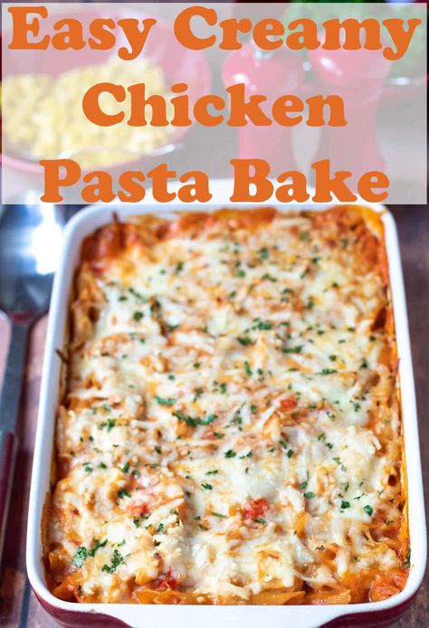 This easy creamy chicken pasta bake is made with no actual cream but still tastes all creamy and cheesy. Comfort food all the family will love! #neilshealthymeals #creamychickenpastabake #chickenpastabake #nocreampastabake Baked Creamy Pasta, One Pan Chicken Pasta Bake, Creamy Chicken Pasta Bake Recipes, Baked Chicken Pasta Casserole, Chicken Pasta Bake Recipes Easy, Low Calorie Chicken Pasta, Chicken Pasta Red Sauce, Chicken Pasta Bake Recipes, Chicken And Pasta Bake