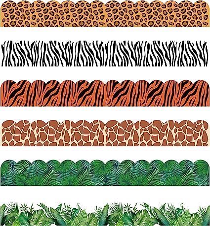 WILD ANIMAL DESIGN: This border sticker features a jungle animal and foliage print design that makes you feel like you are in the wild. Not only can it decorate the classroom so that the little ones can get closer to and understand nature, but it also has a special atmosphere for decorating bedrooms and parties. VALUE SET: The set contains 80 pieces of border decoration paper, a total of 6 styles (leopard, tiger, zebra, giraffe, palm leaves, mixed leaves), 12 pieces per style. Jungle Bulletin Boards, Tropical Leaf Decor, Jungle Theme Classroom, Safari Room, Jungle Decorations, Back To School Classroom, Classroom Welcome, Creative Teaching Press, Wall Office