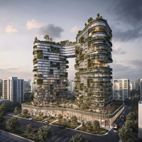 The future of architecture is GREEN? Futuristic symbiotic complex with green balconies, sun breakers, and louvers. A modern, sustainable living space harmonizing with nature. . . . #sustainablearchitecture #GreenDesign #AIArchitecture #UrbanOasis #FuturisticLiving #EcoFriendly #GreenBuilding #SmartDesign #UrbanJungle #EnvironmentalDesign #NatureIntegration #InnovativeArchitecture #SustainableLiving #GreenSpaces #ArchitecturalPhotography #EcoUrbanism #ModernLiving #SustainableFuture #Climate... Sun Breakers, Green Futuristic, Innovative Architecture, Green Street, Building Designs, Green Architecture, High Rise Building, Urban Oasis, Environmental Design