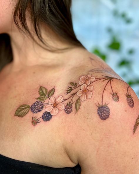 • Blackberries for Renee • I would love to do more chest/collarbone pieces in the future - It’s one of my all time favorite placements… | Instagram Brambley Hedge Tattoo, Mulberry Branch Tattoo, Blackberry Tattoo Color, Blackberry Shoulder Tattoo, Strawberry Shoulder Tattoo, Cottagecore Chest Tattoo, Strawberry Collarbone Tattoo, Vegetable Garden Tattoo, Floral Collarbone Tattoo