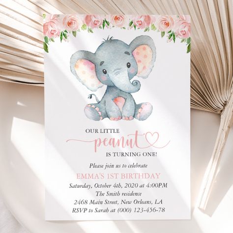 Elephant, Pink Watercolor Flowers, First Birthday Invitation - tap/click to get yours right now! #Invitation #cute #elephant, #little #pink #flowers, Blue Watercolor Flowers, Trendy Invitations, Baby Shower Announcement, Safari Baby Shower Invitations, Elephant Birthday, 60th Birthday Invitations, Pink Watercolor Flower, Baby Invitations, Baby Shower Flowers