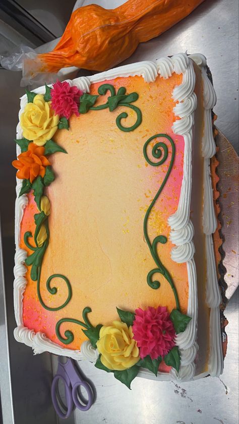 Colorful Sheet Cake, Spring Cookie Cake Designs, Airbrush Cake Ideas, Spring Sheet Cake, Sheet Cake Decorating Ideas Birthday, Flower Sheet Cake, Airbrush Cake Designs, Simple Sheet Cake Designs, Floral Sheet Cake