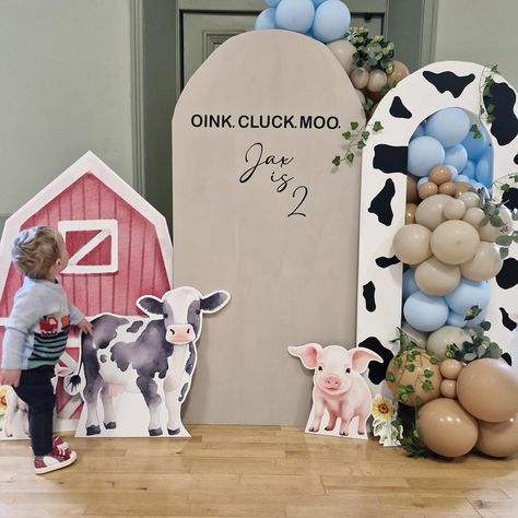 Oink. Cluck. Moo. Jax turned two! @zebraprint_x cut outs are amazing! @diddidancelancaster big thank you for the entertainment, would highly recommend for a little ones party! #balloondecor #farmpartyideas #farm #farmpartytheme #farmpartydecor #barnyardparty #barnyardanimals #oinkmoocluck #oinkcluckmoo #1stbirthday #1stbirthdayparty #1stbirthdayideas #2ndbirthday #2ndbirthdayparty #farmballoons #cowprint Oink Baa Moo Im Two Party Decorations, Oink Cluck Moo 2nd Birthday, Moo 2nd Birthday, Oink Baa Moo Im Two, Farm Themed Party, Farm Themed Birthday Party, Barnyard Party, Moo Moo, Barnyard Animals