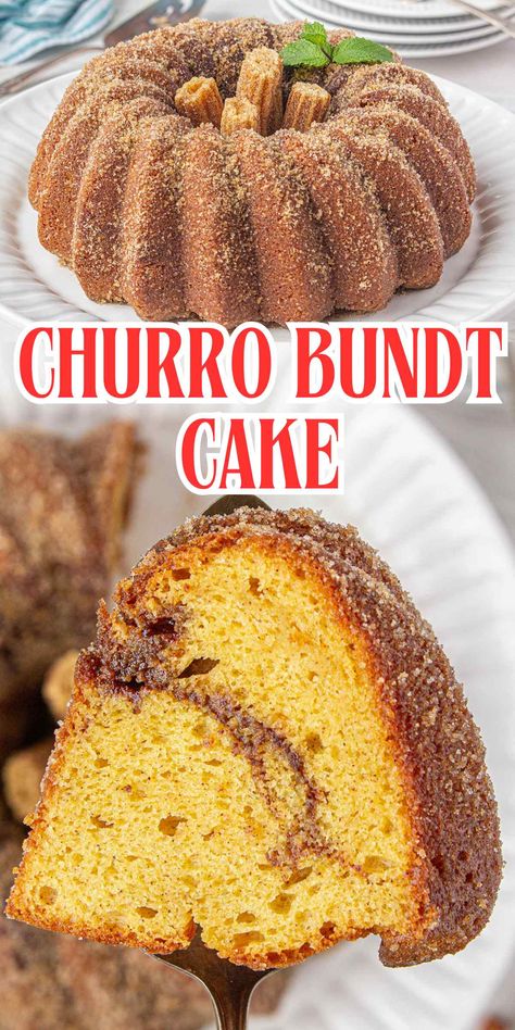 Churros Bundt Cake infused and coated with cinnamon-sugar, giving it that classic churros crunch and sweetness! Easy and delicious! Guava Bundt Cake, Churros Cake Recipe Easy, Cinnamon Churro Cake, Churro Bundt Cake Recipes, Churro Cake Recipe Easy, Churro Cake With Box Cake, Thanksgiving Bundt Cake Ideas, Churro Inspired Desserts, Churro Dessert Recipes