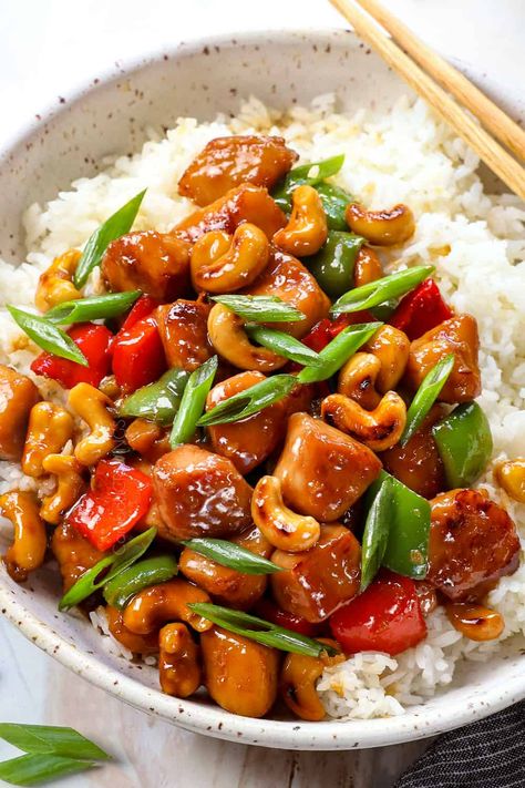 Cashew chicken - Carlsbad Cravings Garlic Stir Fry Sauce, Chinese Cashew Chicken, Garlic Stir Fry, Asian Chili, Asian Chili Sauce, Chicken Cashew Stir Fry, Cashew Chicken Recipe, Vegetarian Stir Fry, Spicy Cashews