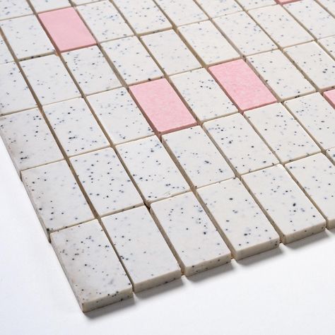 This through body porcelain (the color is dyed-through) floor tile is grey or black and white peppered and shades of pink in color, each sheet is 12.75" x 25", 3/16 thick", manufactured in Japan in the 1960s. This tile is meant to be set with the paper up as shown in the photos. Each lot has 20 square foot coverage from 9 sheets of tile. 600 square feet available.  I sell rare, original, vintage wall and floor tile from the 1940s - 1980s. Commonly known as deadstock, my tile is unused and each piece has been inspected and is ready for use. Anne Sacks Tile Bathroom, Pink Cement Tile, 1940s Tile, Grout Colors For White Tile, 1950s Tile, Vintage Pink Tile Bathroom, Pink Floor Tiles, Bedroom Tiles Floor, Square Tile Bathroom