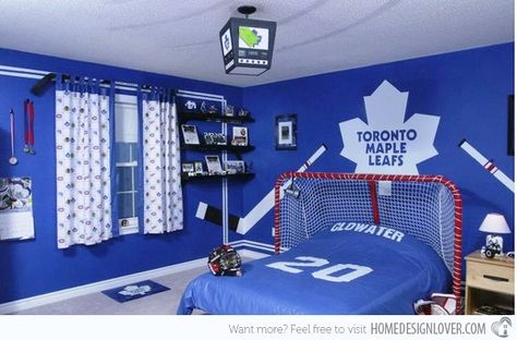 Hockey Bedroom Decorating Ideas | 15 Boys Themed Bedroom Designs | Home Design Lover Kids Hockey Bedroom, Hockey Room Ideas, Hockey Room For Boys, Hockey Bedroom For Boys, Hockey Bedroom Ideas, Hockey Themed Bedroom, Boys Hockey Bedroom, Hockey Themed Room, Bear Bedroom