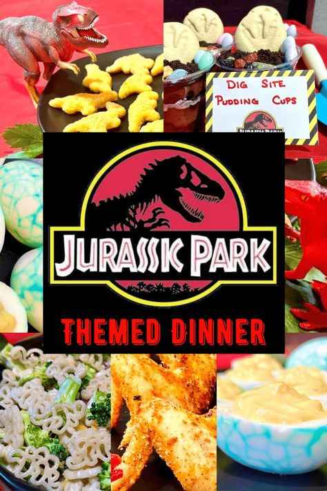 Jurassic Park Themed Dinner - Inspiring Magical Memories Movie Night Food Ideas For Kids, Jurassic Park Theme Party Food, Dinosaur Themed Meals, Jurassic World Movie Night, Jurrasic Park Themed Dinner, Dinosaur Menu Food Ideas, Movie Night Recipes Dinners, Jumanji Dinner And A Movie, Movie Themed Dinners Ideas