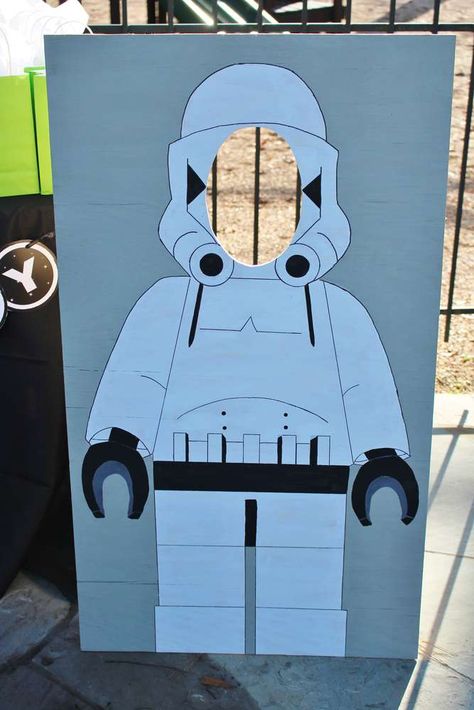 William's Star Wars Lego 5th Birthday Party | CatchMyParty.com Lego Star Wars Birthday Party Decoration, Star Wars Photo Backdrop, Star Wars Photo Booth, Lego Star Wars Birthday, Decoracion Star Wars, Lego Star Wars Party, Birthday Star Wars, 18th Party, Star Wars Theme Party