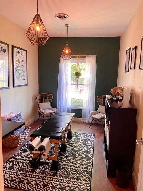 Massage Office Design, Boho Chiropractic Office, Small Chiropractic Office Design, Boho Massage Room, Chiropractic Decor, Acupuncture Office, Chiropractic Office Decor, Chiro Office, Chiropractic Office Design