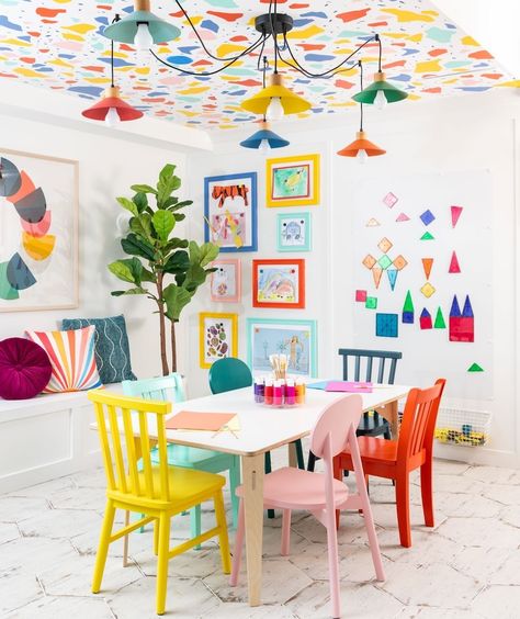 Creative Ways to Display Your Kid's Artwork | The Everymom Small Playroom, Kids Art Studio, Playroom Wallpaper, Colorful Playroom, Basement Playroom, Kids Playroom Decor, Playroom Design, Kids Artwork, Playroom Wall