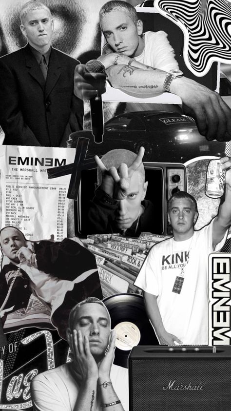 eminem slim shady hiphop collage iphone lockscreen wallpaper #eminem #slimshady #wallpaper #hiphop #blackandwhite #lockscreen Eminem E Rihanna, Cool Eminem Wallpapers, Wallpaper Eminem, Eminem Wallpaper Iphone, Hiphop Wallpapers, Eminem M&m, Eminem Poster, The Marshall Mathers Lp, The Slim Shady