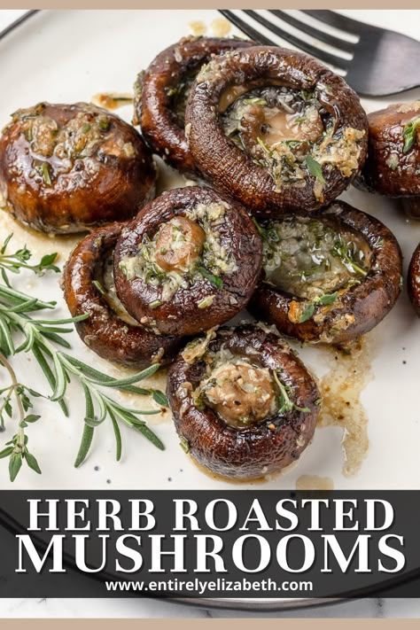 Indulge in buttery, garlic herb roasted mushrooms. This easy oven-baked side dish is meaty and bursting with fresh flavors. Oven Roasted Mushroom Recipes, Mushroom Oven Recipes, Roasting Mushrooms In The Oven, Baked Mushrooms Oven, Roasted Mushrooms Oven, Roasted Mushroom Recipes, Salmon Nachos, Baked Chicken Pesto, Pesto Crusted Salmon