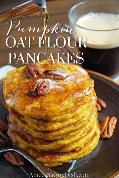 Griddle Scones, Pumpkin Oatmeal Pancakes, Gluten Free Pumpkin Pancakes, Oat Flour Pancakes, Oat Flour Recipes, Oat Milk Recipe, Pumpkin Pancake Recipe, Pumpkin Oats, No Flour Pancakes