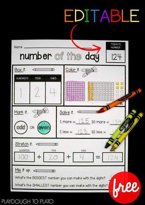 Free Number of the Day Sheet! Great for morning work, a math center, or number activity in kindergarten, first grade or second grade. 1st Grade Math Games Activities, Number Corner, Number Of The Day, Touch Math, Math Wall, Number Activity, Math Rotations, Calendar Math, Teaching Mathematics