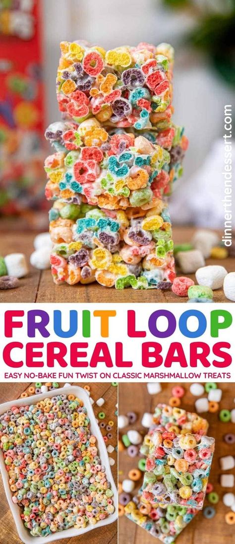 Fruit Loop Cereal Bars are easy no-bake rainbow snacks kids will want to make (and eat) all summer long! #dessert #treats #snacks #krispietreats #cerealbars #frootloops #marshmallows #dinnerthendessert Fruit Loop Treats, Fruity Pebbles Treats, Cereal Bars Recipes, Fruit Loops Cereal, Marshmallow Cereal, Rainbow Snacks, Fruity Pebble, Fruity Pebbles Cereal, Kid Friendly Dessert