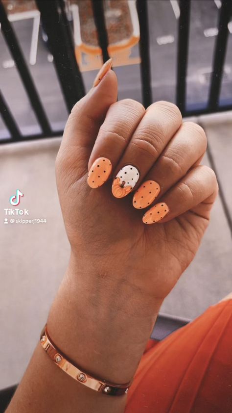 Nails, fall, Disney, pumpkin Cute Fall Nails Acrylic Almond, Fall Almond Nails Pumpkin, Autumn Nails Long Almond, Cute Fall Simple Nails, Almond Pumpkin Nails, White Nails With Pumpkin Design, Disney October Nails, Cute Fall Nails Designs, Pokadot Nails Fall