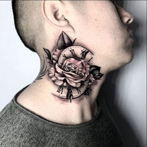 Neck Tattoos For Men Black, Neck Tattoos Side, Side Neck Tattoos For Men, Side Neck Tattoo For Guys, Simple Neck Tattoos, Rose Neck Tattoo, Neck Tattoos For Men, Front Neck Tattoo, Neck Tattoo Ideas