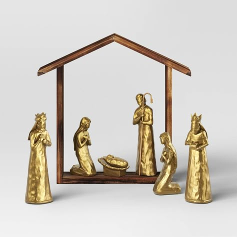 Celebrate the spirit of Christmas by adding this 7-Piece Metallic Christmas Nativity Scene Figurine Set from Wondershop™ to your holiday decor. This Christmas nativity scene set features six figures in a gold-tone finish plus a manger frame. This set is sure to add a classic touch to your Christmas decor. Welcome to the Wondershop™. Modern Contemporary Christmas Decor, Holiday Decor Inspiration, Navity Scene, Old World Christmas Decor, Metallic Christmas Decor, Pottery Barn Christmas Decor, Contemporary Christmas Decor, Moody Christmas, Art Deco Christmas