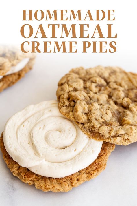 This copycat homemade Oatmeal Cream Pie Recipe brings back the best childhood memories of biting into an ultra chewy cookie with a rich creamy filling. These cream pie sandwiches are surprisingly easy and satisfying to make from scratch! #oatmealcreampies #oatmealcremepies Crumbl Oatmeal Cream Pie, Creme Filled Cookies, Home Made Oatmeal Cream Pie, Homemade Cream Pies, Cream Filling For Cookies, Oatmeal Cream Pie Filling Recipe, Oatmeal Cream Pie Filling, Cookie Filling Recipe, Homemade Oatmeal Cream Pie