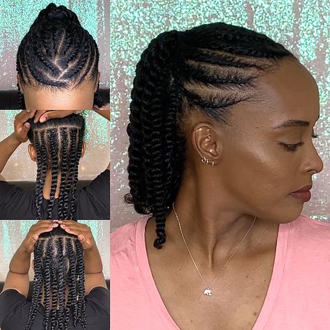 Easy protective style for natural hair. Clink the link to see the tutorial! Natural Hair Flat Twist, Flat Twist Styles, Flat Twist Hairstyles, Cabello Afro Natural, Flat Twist Updo, Twisted Hair, Natural Twists, Protective Hairstyles For Natural Hair, Twist Ponytail