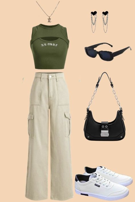 Unique Cargo Pants Outfit, Olive Cargo Outfit, Crop Top And Cargo Pants Outfit, Green Top Outfit, Olive Green Crop Top, Cargo Outfit, Olive Shirt, Wardrobe Upgrade, Green Crop Top