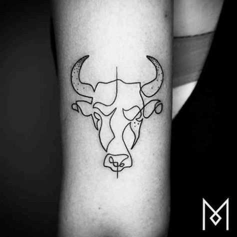 Head of bull tattoo with diverse little details. #taurus #zodiac #zodiacsign #astrology #horoscope Toros Tattoo, Ox Tattoo, Taurus Bull Tattoos, Taurus Constellation Tattoo, Mo Ganji, Cow Tattoo, One Line Tattoo, Pola Tato, Single Line Tattoo