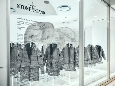 Stone Island at Dover Street Market Ginza. The special installation features the archival Stone Island Pure Metal Shell jackets - housed in the store’s iconic Elephant Space from 3rd October. The installation is inspired by the story of Hannibal crossing the Alps and features nineteen Pure Metal Shell pieces from Autumn/Winter 99 – one bronze, eighteen in stainless steel. Both installations mark the first time that Stone Island has been present in Dover Street Market. Stone Island Store, Dover Street Market, Street Market, The Alps, Stone Island, Autumn Winter, First Time, The Story, Elephant