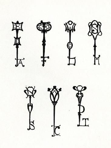 size: 12x9in Giclee Print: Seven Designs of Initial Keys for the Back Covers of the 'Keynote' Series (Litho) by Aubrey Beardsley : A prominent leader of Aestheticism, British artist Aubrey Beardsley (1872 - 1898) created complex, stunning and often controversial black-and-white linear designs. Originally a clerk, Beardsley was strongly influenced by the elegance of Art Nouveau and the boldness of Japanese woodcuts. He illustrated Sir Thomas Malory's Le Morte Darthur, The Yellow Book and several Tattoo Catalog, Nouveau Tattoo, Japanese Woodcut, Irish Tattoos, Black White Tattoos, Aubrey Beardsley, Page Decoration, Keys Art, Dainty Tattoos