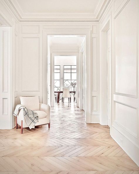 Cara Fox (@the_fox_group_) | Instagram Fox Group, Dental Molding, White Cabin, Parisian Interior, Diy Trim, Breakfast Nooks, Herringbone Floor, White Oak Floors, Unique Flooring