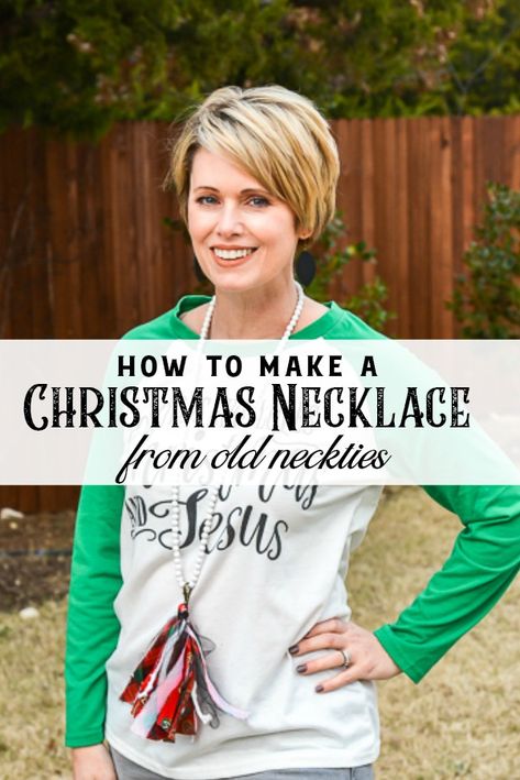 Learn how to make an adorable Christmas necklace from old neckties. This easy DIY jewelry project is perfect to get dressed up for the holidays or to give as a holiday gift idea. See how to make a tassel necklace for your holiday wardrobe in minutes! #holidayjewelry #diyjewelry #christmasnecklace #christmasjewelry #christmascraft #christmasDIY #upcycle #repurpose #tasseljewelry #tasselmaking Christmas Diy Jewelry, Make A Tassel, Jewelry Homemade, Diy Tassel Necklace, Tie Jewelry, Necktie Crafts, Diy Bling, Jewelry Storage Diy, Vintage Jewelry Diy