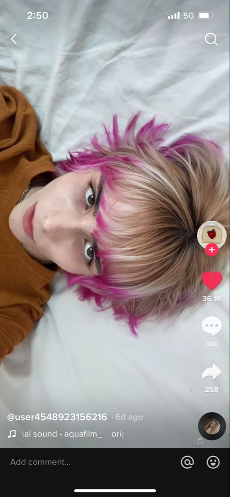 Hot Pink And Platinum Hair, Colored Short Hair Ideas, Short Blonde Hair With Pink Tips, Pink Hair Red Tips, Mullet Dyed Tips, Grown Out Pink Hair, Pink Dyed Tips, Hair Color Mullet, Frosted Tips Mullet