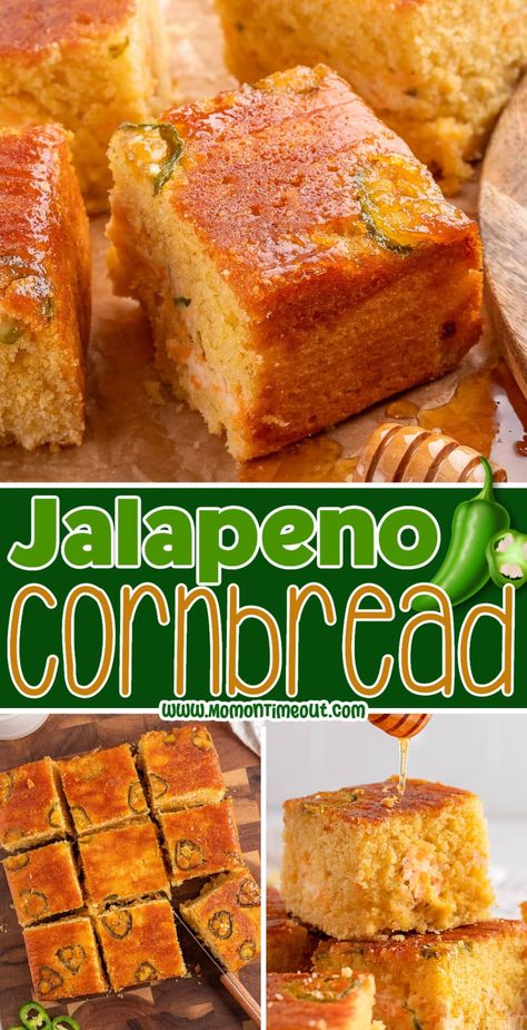 This mouthwatering Jalapeño Cornbread is tender, moist and delivers bold flavors with just the right balance of sweet and heat. This easy cornbread recipe is topped with a stunning honey-jalapeño glaze and has pockets of creamy jalapeño popper filling in the center. Spice up your next gathering with this irresistible cornbread! | MomOnTimeout.com Halloween Cornbread, Jalapeno Quick Bread, Jalapeno Bread Recipes, Cornbread Pudding Recipe, Cornbread Recipe Easy, Cornbread Muffin Recipe, Sweet Cornbread Recipe, Jalapeño Cornbread Recipe, Cowboy Cornbread