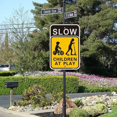 "Slow Down Children at Play Sign" has bright and visible color word patterns, easy to spot. Promote road safety by setting up this sign to remind drivers to slow down when passing through the area, reducing potential dangers for you and your family. Let children and pets play more safely and happily. | TRUST Sign Board Aluminum in Black/Gray/White, Size 18.0 H x 12.0 W x 0.3 D in | Wayfair Slow Down Sign, Commercial Signage, Sign Installation, Word Patterns, Sign Board, Best Commercials, Road Safety, Slow Down, Highway Signs