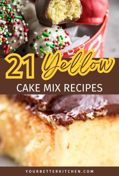 Unleash your inner baker with these DIY dessert recipes using yellow cake mix! Learn the secrets to enhancing boxed cake mix for desserts like white chocolate brownies and banana bread that will leave everyone asking for more. These simple cake mix recipes hacks are ideal for making high-quality treats on a budget. Cake Mix Ideas What To Do With, Recipes With Yellow Cake Mix Boxes, Yellow Cake Mix Recipes Boxed Hacks, Yellow Cake Mix Desserts, Yellow Cake Mix Cookies, Yellow Cakes, Yellow Cake Mix Recipes, Cake Mix Doctor, Cake Mix Recipe