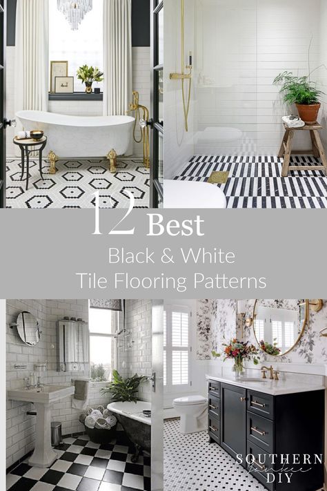 Black White Check Bathroom Floor, Kitchen Flooring Ideas Tile Black And White, Bathroom Floor Tiles Black And White, Black And White Tile Floors Bathroom, Black And White Floor Bathroom Ideas, Black And White Flower Tile Bathroom, Black And White Vinyl Flooring Bathroom, Black And White Bathrooms With Color, Black And White Basketweave Tile Bathroom