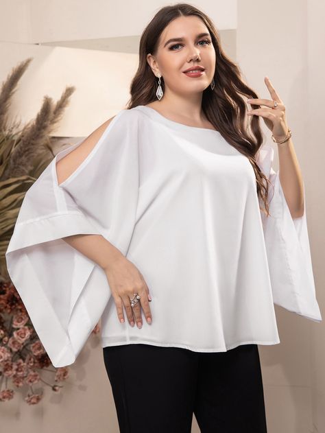 White Elegant  Three Quarter Length Sleeve Polyester Plain Top  Non-Stretch Spring/Fall Plus Size Tops Chiffon Tops Blouses Classy, Chiffon Tops For Women Trendy, Stylish Tops For Women Classy, Chiffon Top Styles, Chiffon Blouses Designs, Striped Off Shoulder Top, Chiffon Tops Blouses, 2piece Outfits, African Shirts For Men