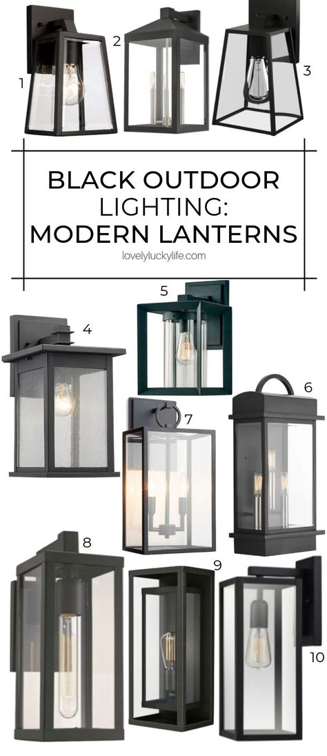 love these modern classic black outdoor sconces and lanterns as an alternative to farmhouse lighting! these still have a vintage industrial vibe but aren't as 'Fixer Upper' as farmhouse Modern Farmhouse Exterior Lighting, Farmhouse Exterior Lighting, Wall Sconces Modern, Farmhouse Outdoor Lighting, Industrial Farmhouse Lighting, Farm Sinks, House Lighting Outdoor, Simple Cabinet, Industrial Exterior