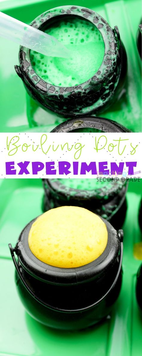 Boiling Pots - A Baking Soda Experiment is great for those who like to have fun in the science department. Gather all the kids around for this one! #teacingsecondgrade #science #stem #bakingsodaexperiment #hallowee #stpatricksday | STEM Ideas | Baking Soda Experiments | Science Experiments for Kids | Halloween STEM | St. Patricks Day STEM | Erupting Cauldrons Science Experiment | Learning Through Play | Learning is Fun | Baking Soda Experiments, Cool Chemistry Experiments, Easy Stem, Halloween Stem, Science Centers, Stem Ideas, Science Stem, Kids Baking, Teaching Second Grade