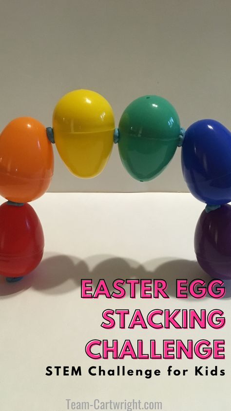 Text: Easter Egg Stacking Challenge STEM Challenge for Kids Picture: Colorful plastic eggs stacked into a rainbow arch shape Plastic Egg Stem Activities, Egg Stem Activities, Easter Stem Challenge, Easter Stem Activities, Steam Activities Elementary, Easter Learning Activities, Holiday Stem Activities, Easter Stem, Christmas Science Activities