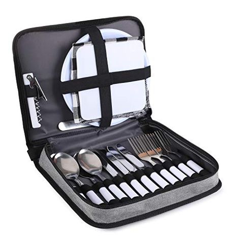 TAIBID Picnic Set Camping Silverware Cutlery Organizer 4 Person Dinnerware Set - 24pcs Eating Utensils Set with ECO-Friendly PS Plate Spoon & Butter Knife Wine Opener Fork Napkin (Grey & Black). For product & price info go to:  https://all4hiking.com/products/taibid-picnic-set-camping-silverware-cutlery-organizer-4-person-dinnerware-set-24pcs-eating-utensils-set-with-eco-friendly-ps-plate-spoon-butter-knife-wine-opener-fork-napkin-grey-black/ Mess Kit Camping, Spoon Butter, Cutlery Organizer, Camping Plates, Camping Cutlery, Camping Utensils, Camping Dishes, Serrated Knife, Mess Kit