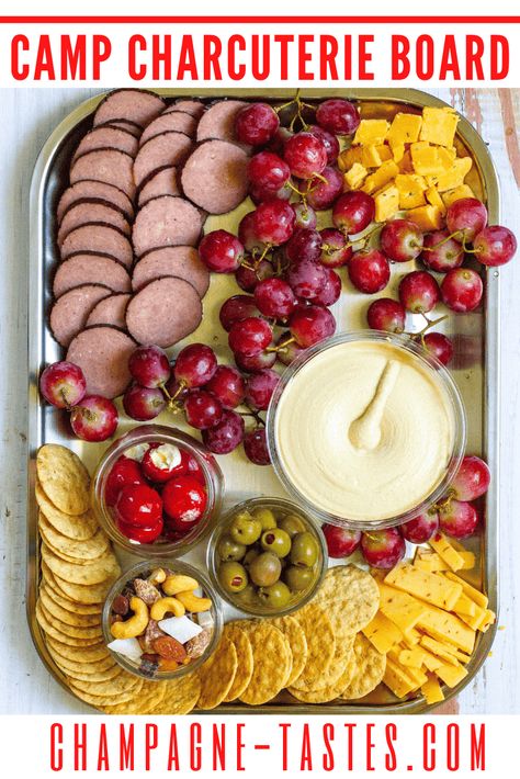 Camping Dips, Camping Charcuterie, Camping Charcuterie Board, Fun Recipes To Try, Summer Charcuterie, Vegan Jerky, Roasted Red Pepper Dip, Caramelized Onion Dip, Hiking Snacks