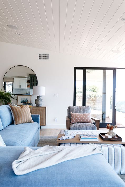 California Modern Farmhouse, Blue Sectional Sofa, Kate Lester Interiors, Farmhouse Beach House, Portugal House, Blue Sectional, Farmhouse Beach, California Modern, Neutral Living Room