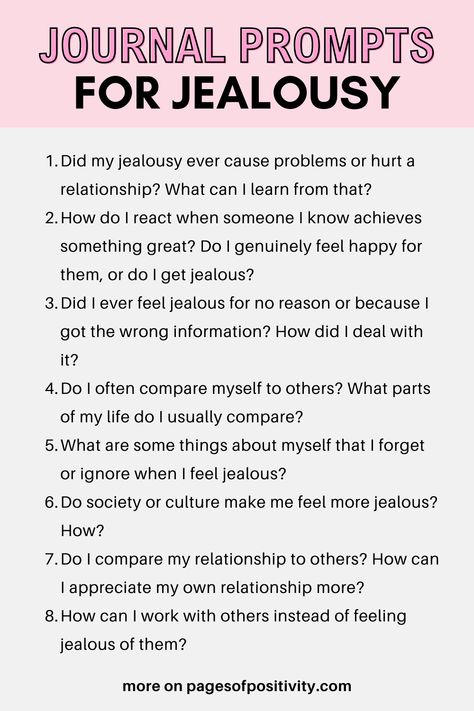 a pin that says in a large font Journal Prompts for Jealousy Journal For Insecurity, Stop Jealousy Affirmations, Journaling For Insecurity, Journal Prompts For Insecurities, Journal Prompts For Relationship Problems, Self Affirmations For Jealousy, Journal Prompts For Jealousy, Shadow Work For Jealousy, Jealousy Journal Prompts