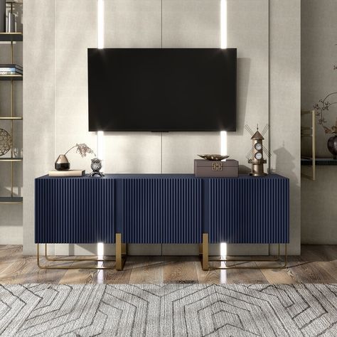 DH BASIC Modern 60-inch 3-Door Storage TV Stand by Denhour - Bed Bath & Beyond - 37892023 Living Room Tv Stand Decor Ideas, Navy Blue Tv Stand, Unique Tv Stand Ideas, Green Tv Stand, Elegant Tv Stand, Apartment Dubai, Gold Tv Stand, Blue Tv Stand, Storage Tv Stand