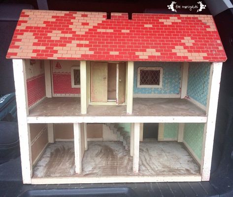 Vintage Doll House Makeover Before | Five Marigolds Doll House Makeover, Dollhouse Makeover, Vintage Doll House, Dollhouse Decorating, Dollhouse Vintage, Dollhouse Tutorials, Diy Flower Crown, House Restoration, House Makeover