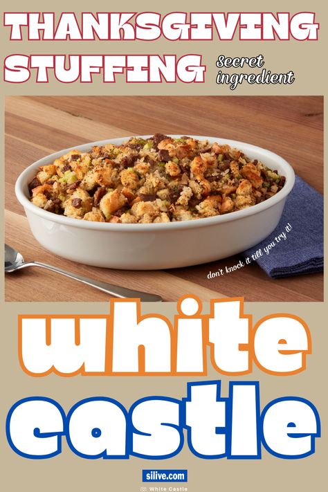 A white dish filled with stuffing made from White Castle sliders. White Castle Stuffing Recipe, Crockpot Stuffing Thanksgiving, White Castle Stuffing, Thanksgiving Stuffing Recipe, White Castle Sliders, Carb Sides, Delicious Sides, Stuffing Recipes For Thanksgiving, Stuffing Ingredients