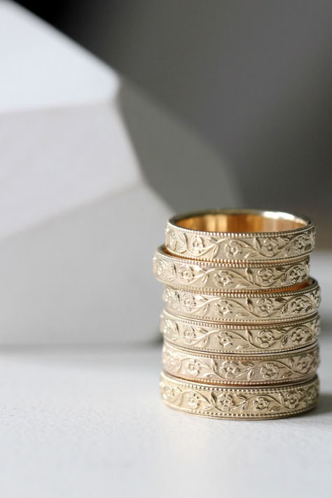 A series of photos of gold wedding bands with a petunia and vine pattern. Handmade Wedding Band, Country Squire, Ring Stacks, Fashion Rings Silver, Rings Silver, Taking Over The World, Wedding Vibes, World One, Wedding Mood