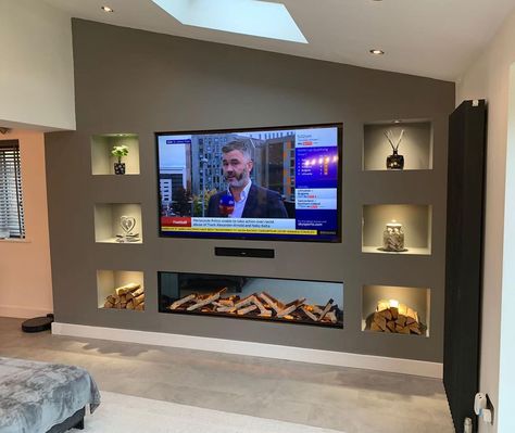 Adam Clay on Instagram: “Pitched roof with a media wall?🔥 Over the moon with this media wall we completed with an @evonicfires e1800 over in Bolton for a lovely…” Small Living Room With Media Wall, Media Walls With Fireplace, Media Wall Living Room, Entertainment Wall Ideas, Gas Fireplace Ideas Living Rooms, Feature Fireplace, Fire Wall, Feature Wall Living Room, Living Room Wall Units