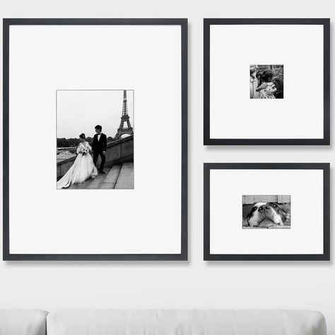 Frame Arrangement On Wall, Wedding Photo Frame Wall, Frames Aesthetic, 3 Picture Frame, Photo Wall Display, Picture Arrangements, Gallery Wall Layout, Custom Photo Frames, Monochrome Interior